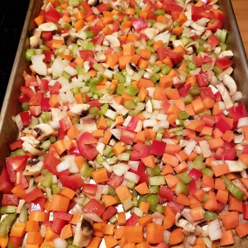 Chopped Veggies on a Sheet pan for Roasted Vegetable Soup - My Healthy Bites